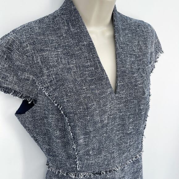 J. McLaughlin Zinnia Tweed Fit & Flare Dress Sz 4 Fringe Accent Navy White - Picture 2 of 13